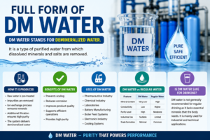 Infographic explaining the full form of DM Water (Demineralized Water), its production process, benefits, industrial applications, and comparison with regular water.