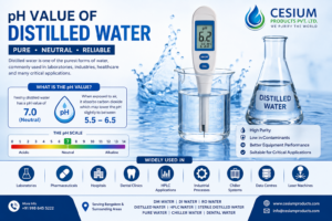 pH value of distilled water infographic showing neutral pH and industrial applications