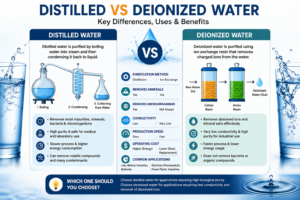 Infographic comparing distilled vs deionized water differences, purification methods, benefits, industrial applications, and key features.
