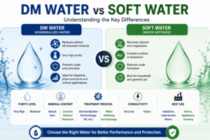 Comparison of DM water and soft water showing differences in purity, mineral content, treatment process, and applications.