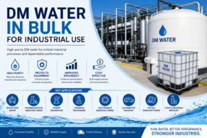 Industrial DM water storage tank, tanker truck, and containers used for bulk demineralized water supply in manufacturing, pharmaceutical, power generation, and chemical industries.