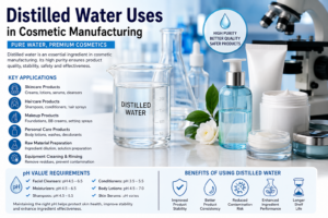 Distilled water used in cosmetic manufacturing for skincare, haircare, makeup products, pH control, and product quality improvement.