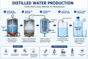How distilled water is produced through evaporation and condensation