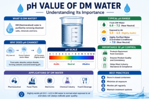 Infographic showing the pH value of DM water, typical pH range, factors affecting pH, industrial applications, and best practices for maintaining water quality.