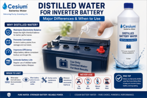 A high-quality infographic showing Cesium Distilled Battery Water being poured into an inverter battery, highlighting the benefits of using distilled water, when to use it, and water types to avoid for better battery performance.