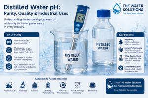 Infographic explaining the relationship between distilled water pH, purity, quality, and industrial applications in manufacturing, laboratories, pharmaceuticals, cosmetics, and battery production.