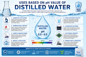 Infographic showing the uses based on distilled water pH in laboratories, pharmaceuticals, cosmetics, food processing, automotive batteries, electronics, and power plants.
