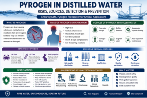 Infographic explaining pyrogen in distilled water, including endotoxin risks, contamination sources, detection methods, removal techniques, and prevention strategies for pharmaceutical and laboratory applications.