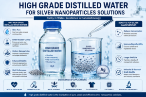High grade distilled water used for silver nanoparticles solutions to improve purity, stability, and nanoparticle synthesis.