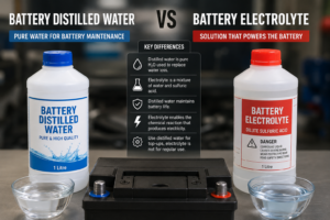Comparison of battery distilled water and battery electrolyte showing their differences, applications, and when each should be used for lead-acid battery maintenance.