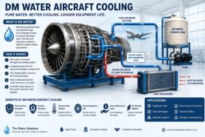 DM Water Aircraft Cooling infographic showing the cooling process in aircraft engine testing, heat exchangers, and aerospace manufacturing.