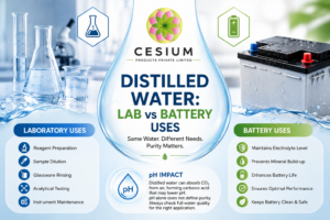Distilled water comparison showing laboratory uses, battery uses, and pH impact with Cesium Products Private Limited branding