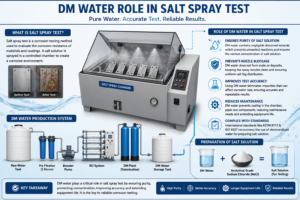 Illustration showing the role of DM water in a salt spray test, including a salt spray chamber, DM water production system, and benefits for accurate corrosion testing.