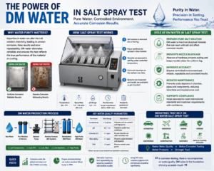 Infographic showing the power of DM Water in Salt Spray Test, including water purification, corrosion testing process, key water quality parameters, benefits, and industrial applications.