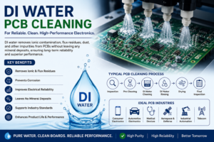DI water cleaning printed circuit boards (PCBs) in an electronics manufacturing facility to remove contaminants, improve reliability, and prevent corrosion.