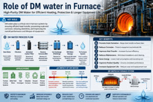 Infographic explaining the role of DM water in furnace systems, highlighting its benefits, working process, pH impact, and industrial applications for improved efficiency and equipment protection.